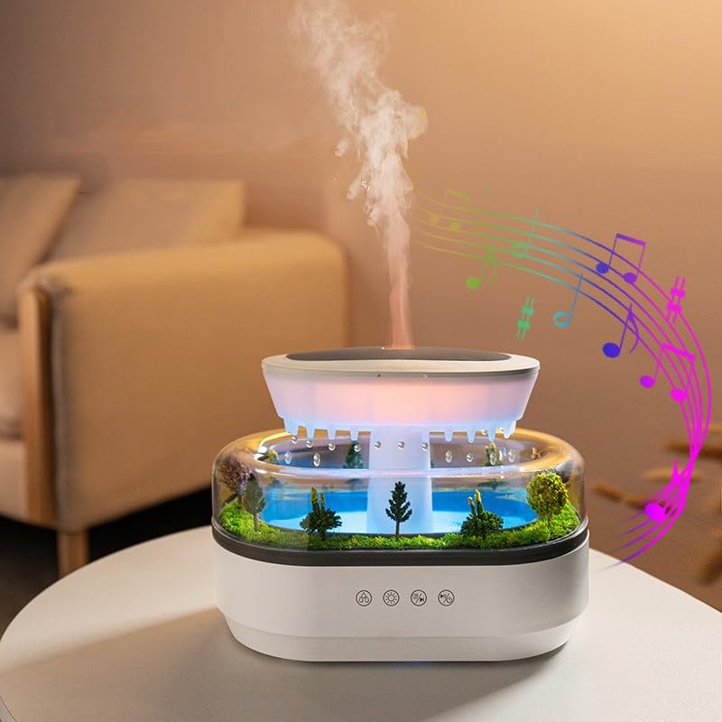 Raindrop diffuser with landscape design and white noise feature