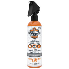 Ranger Ready Permethrin spray bottle front view showing tick protection for clothing.