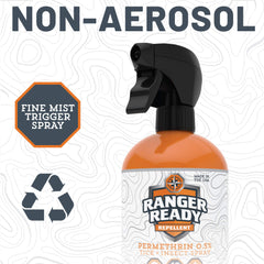 Ranger Ready Permethrin Spray in action repelling ticks and mosquitoes on gear.