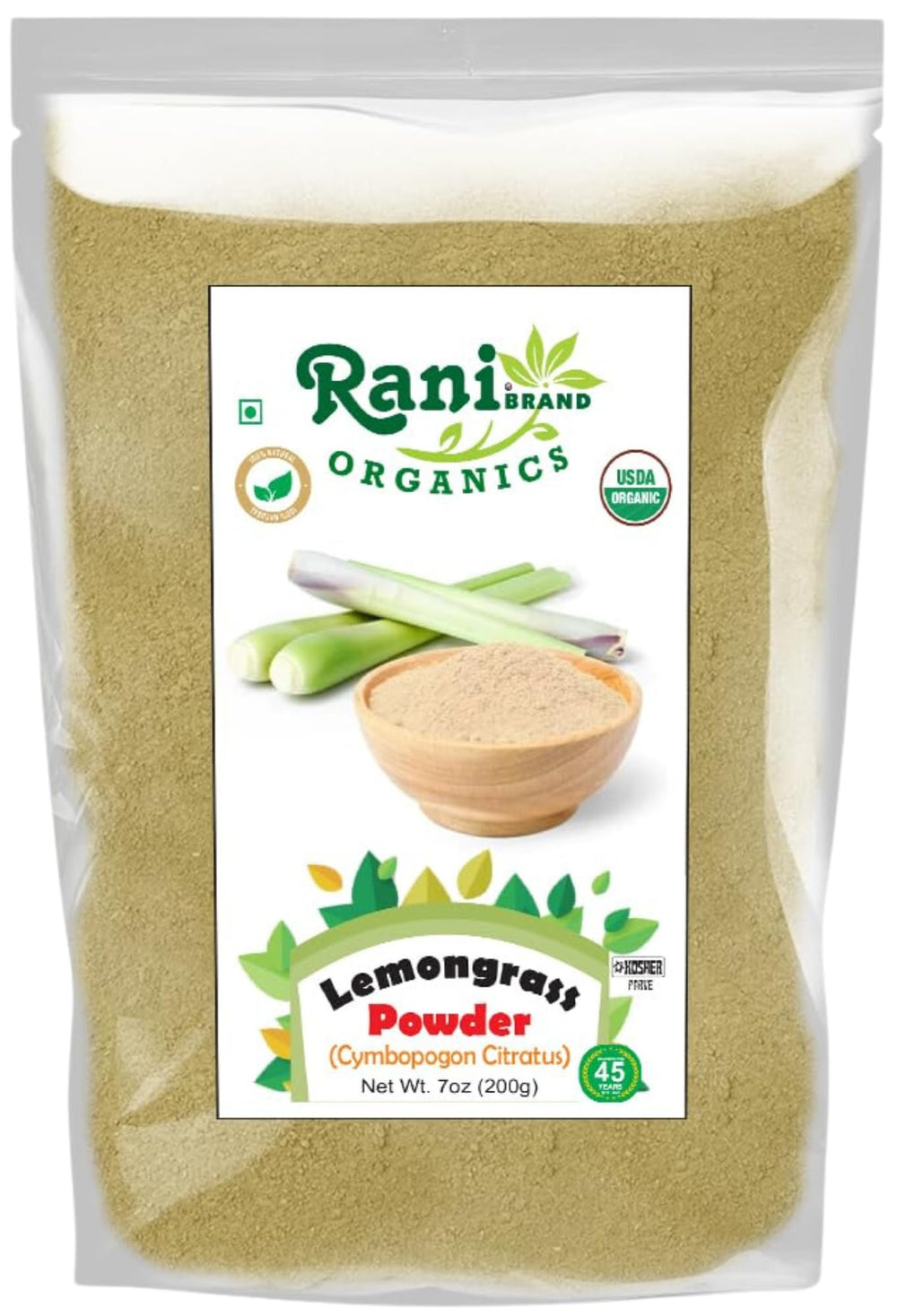 Front view of Rani Organic Lemongrass Powder 7oz/200g