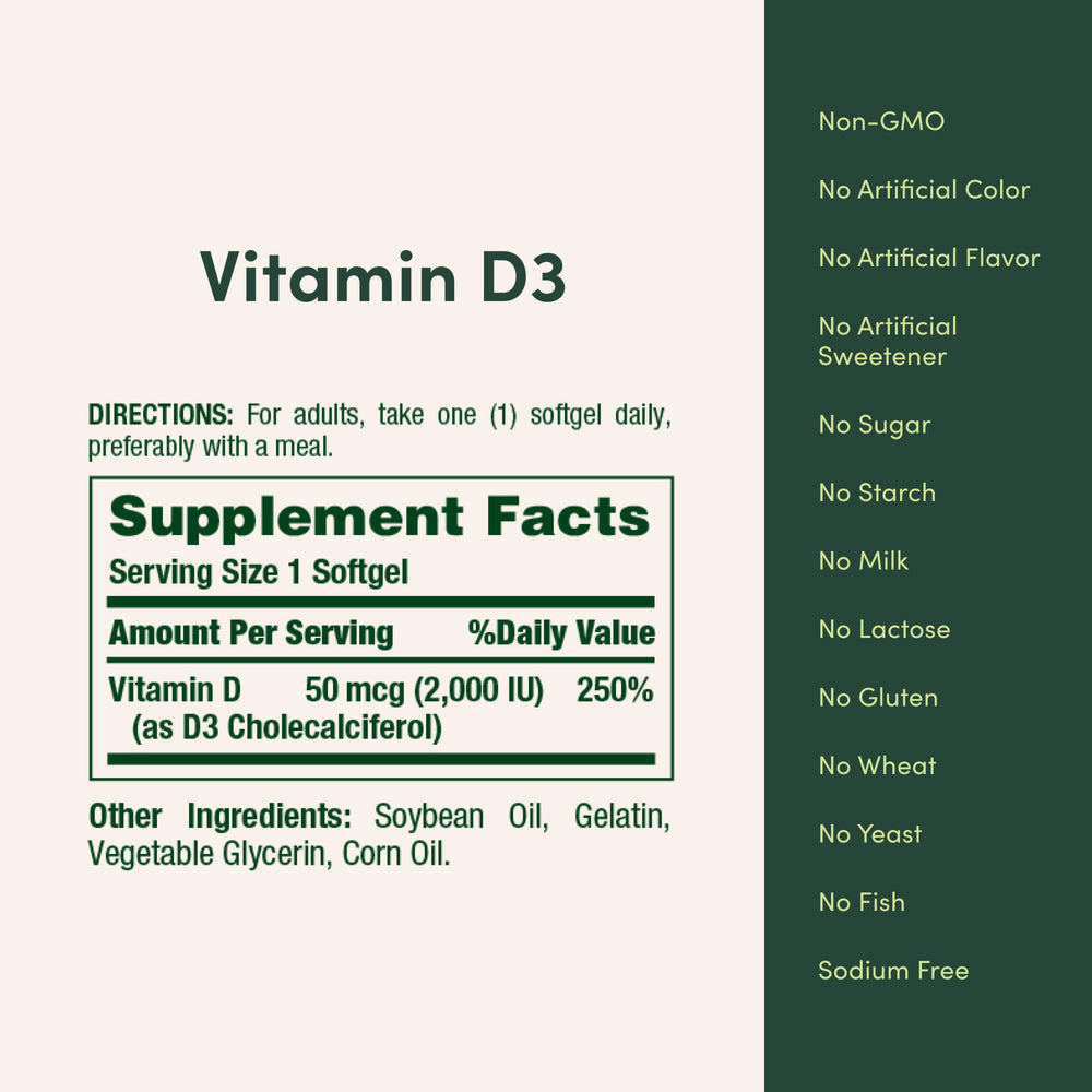 Nature's Bounty Vitamin D3 2000 IU packaging and softgels