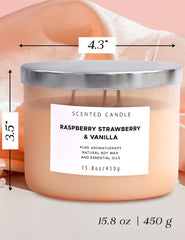 Packaging for Raspberry Strawberry Vanilla candle with metal lid