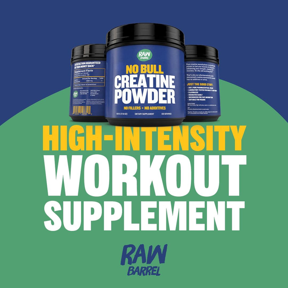 Back view of Raw Barrel No Bull Creatine Powder 500g label