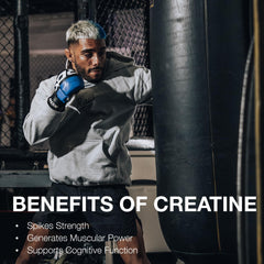Product label on RAW Nutrition Creatine Monohydrate Powder bottle showing Made in USA and 100 servings