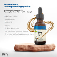 Close-up of RAWYA Black Seed Oil label showing 2% Thymoquinone