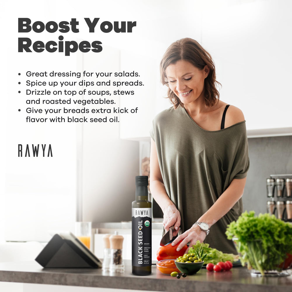 Close-up of RAWYA Black Seed Oil glass bottle