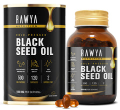 Front view of RAWYA black seed oil softgel capsules bottle