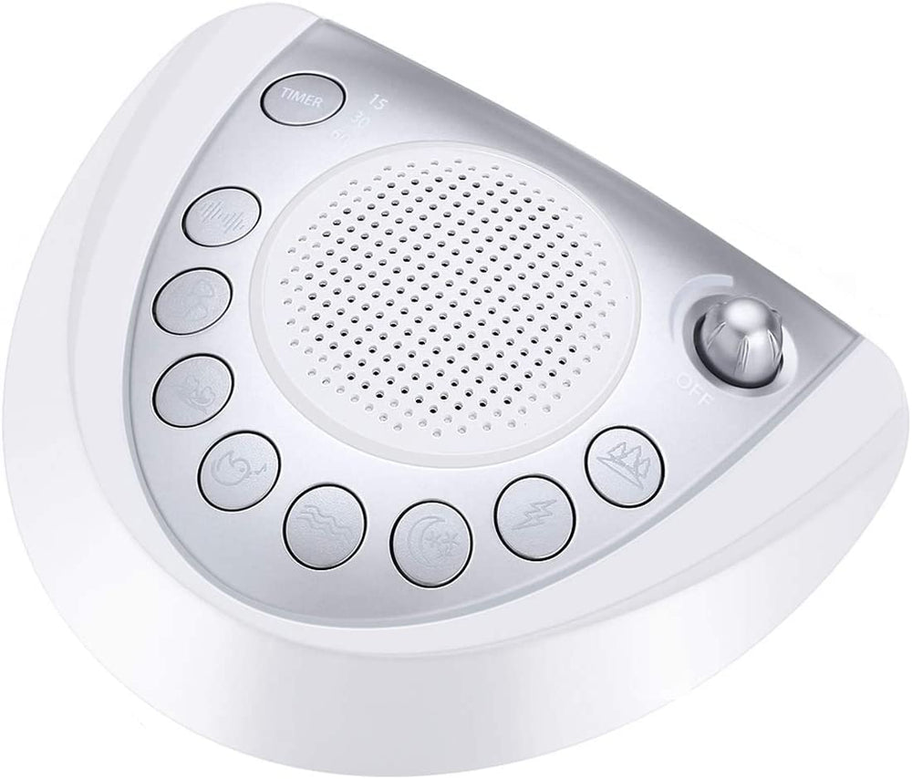 Raynic white noise machine silver front view highlights portable sleep aid for travelers