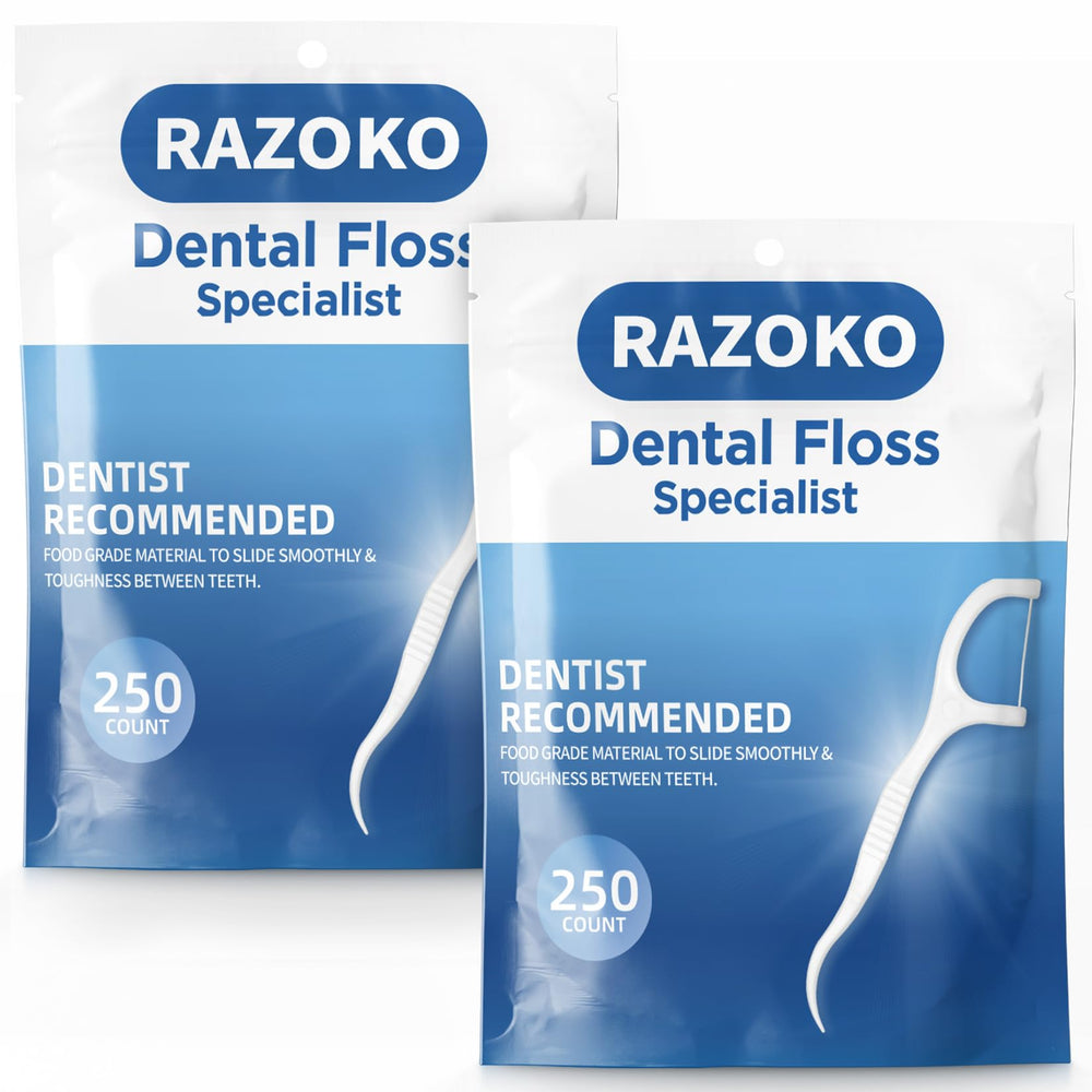 RAZOKO Dental Floss Picks 500Pcs packaging and floss picks