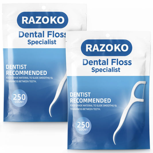 RAZOKO Dental Floss Picks 500Pcs packaging and floss picks
