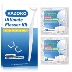 RAZOKO Ultimate Flosser Kit with 1 handle and 120 extra strength refills - front view