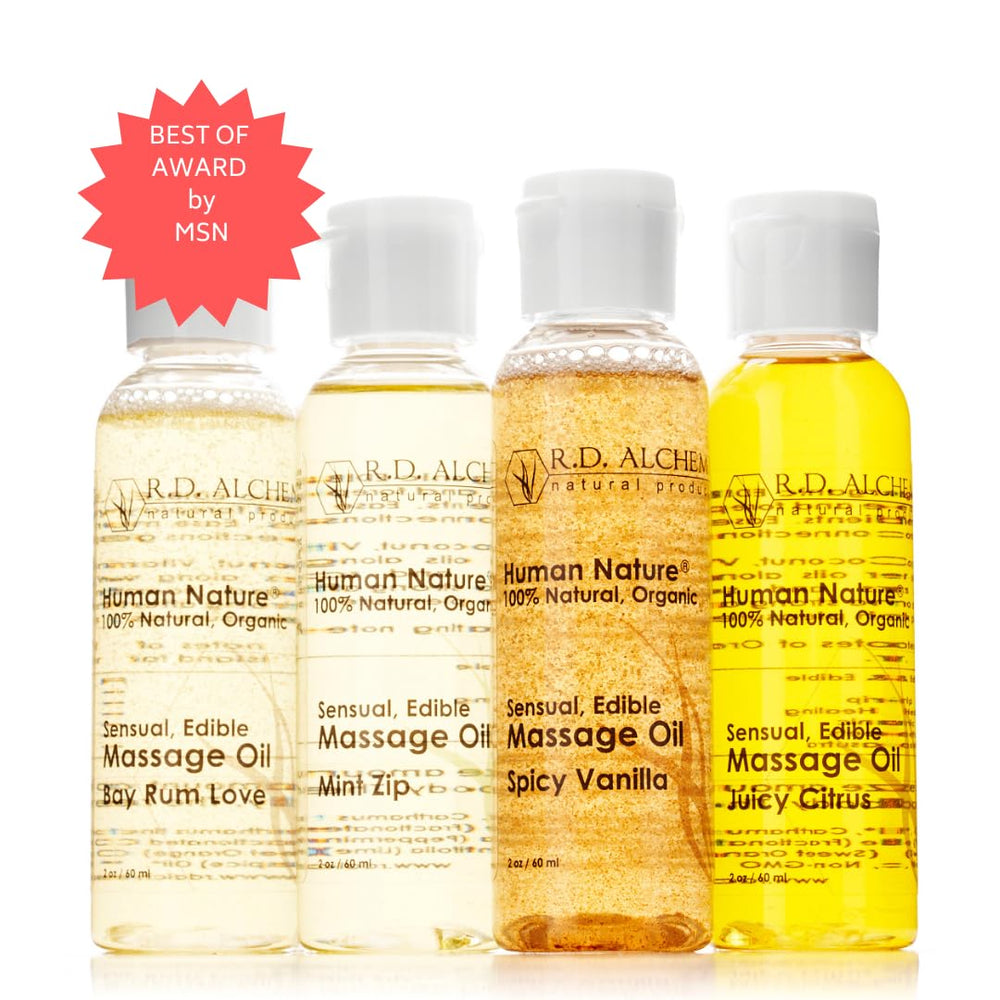 Spicy Vanilla flavor 2 oz edible massage oil bottle