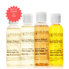 Spicy Vanilla flavor 2 oz edible massage oil bottle