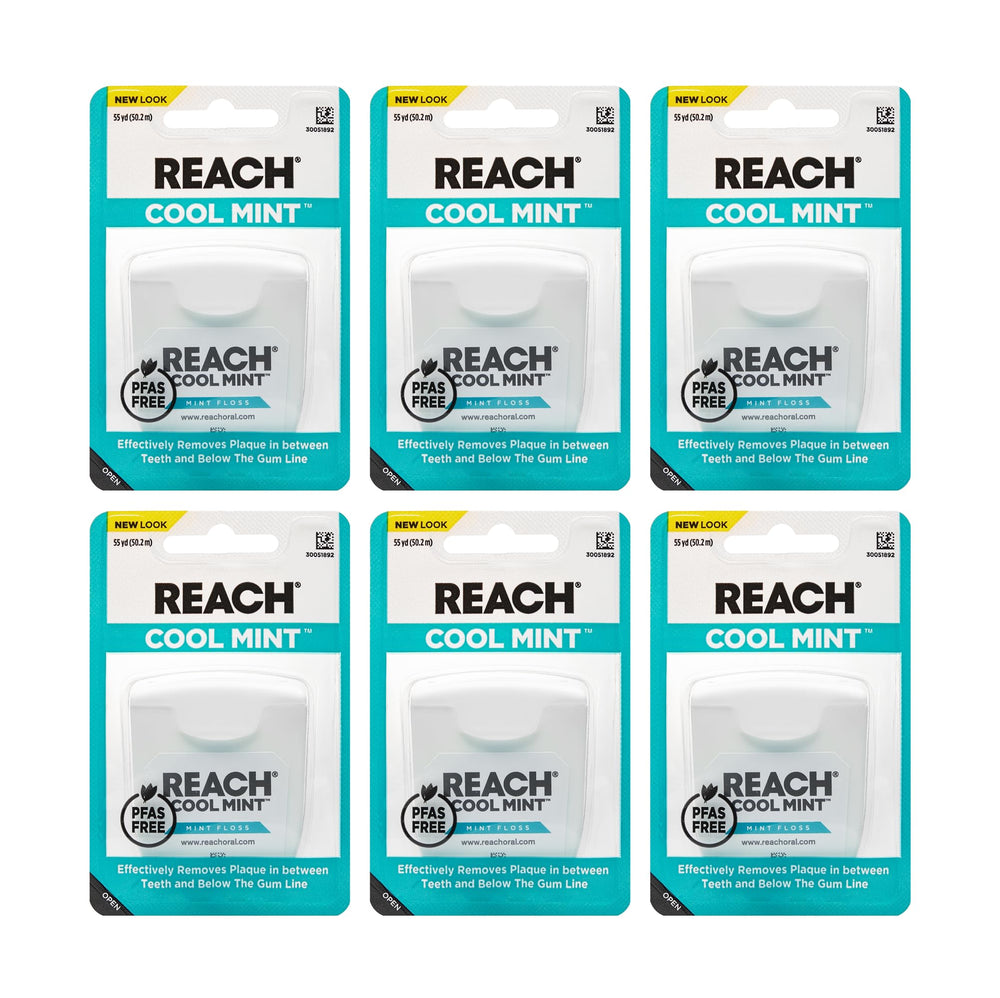 Front view of REACH Cool Mint Dental Floss 6-pack 55 yd