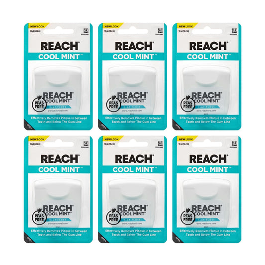 Front view of REACH Cool Mint Dental Floss 6-pack 55 yd