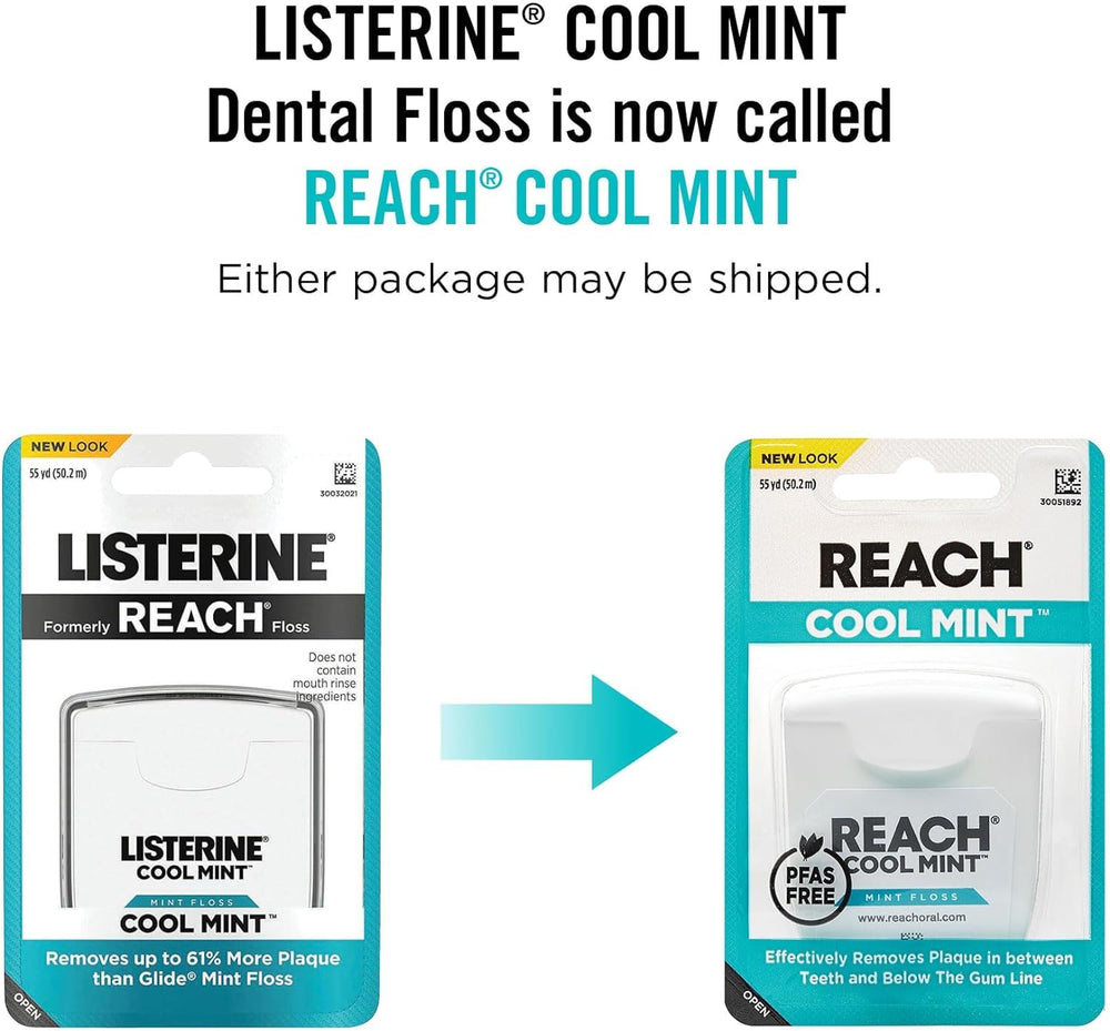 Mint-flavored REACH dental floss packaging and floss strands