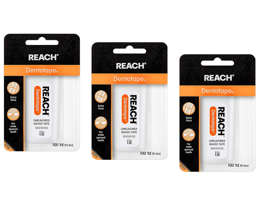 Reach Dentotape waxed dental floss packaging 3-pack