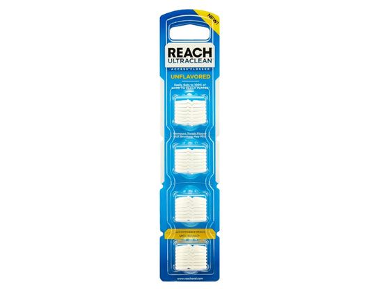 Front packaging of REACH Ultraclean Access Flosser Refill Heads, 28 count