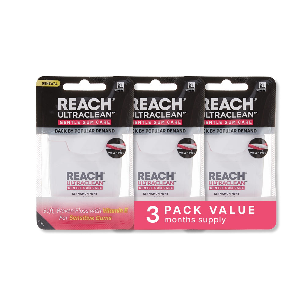 Front packaging of REACH Ultraclean Gentle Gum Care Expanding Floss Cinnamon Mint 55YD 3-Pack