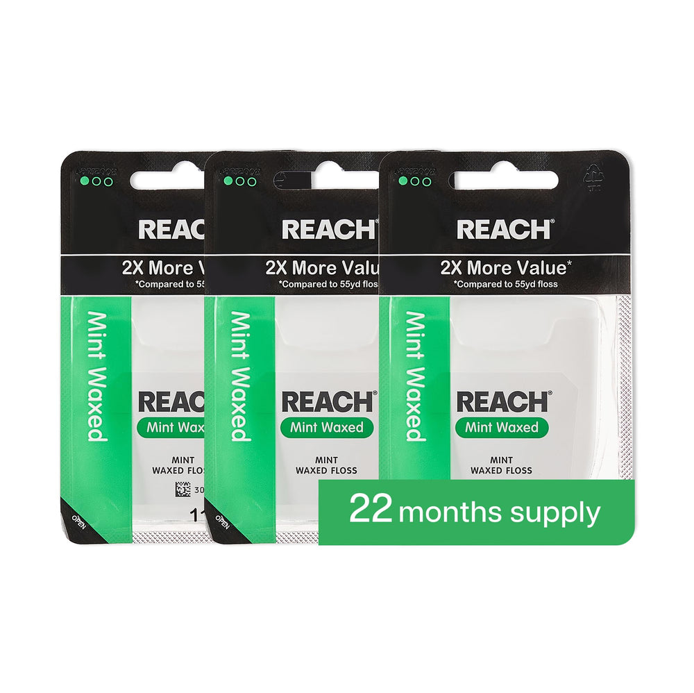 Packaging of REACH Waxed Dental Floss 115 yd 3-Pack Mint