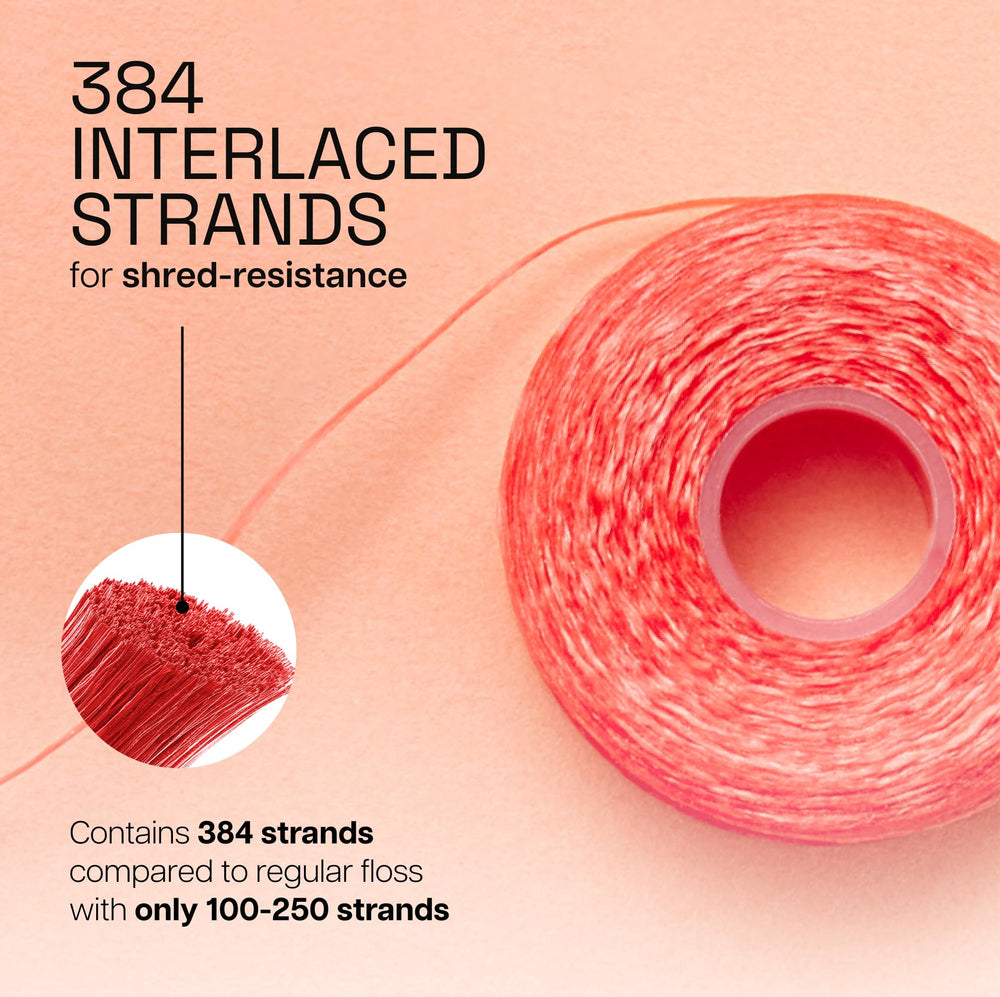 Floss showing 384 interlaced strands for shred resistance