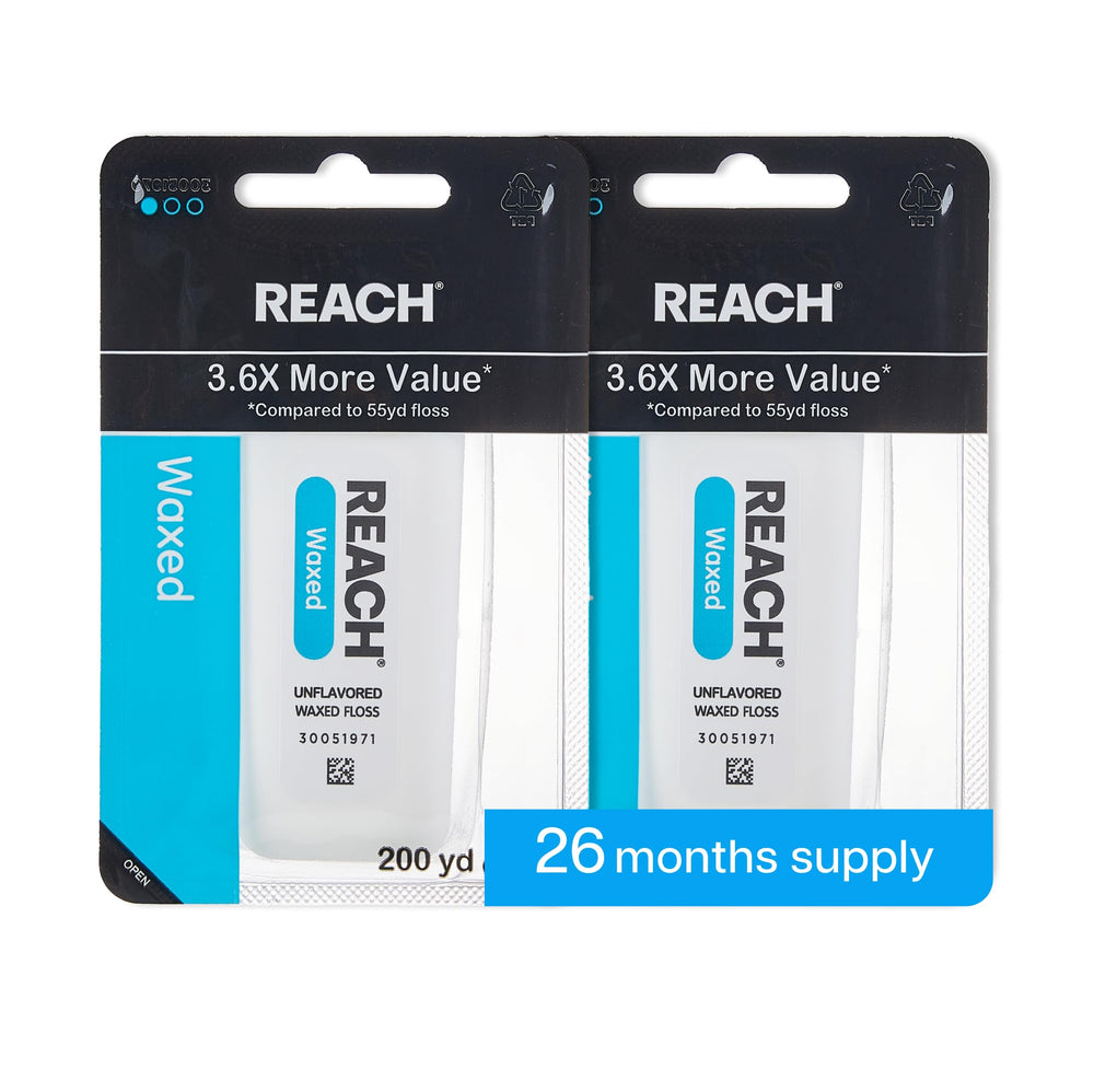 Front view of REACH Waxed Dental Floss Unflavored 2-pack box