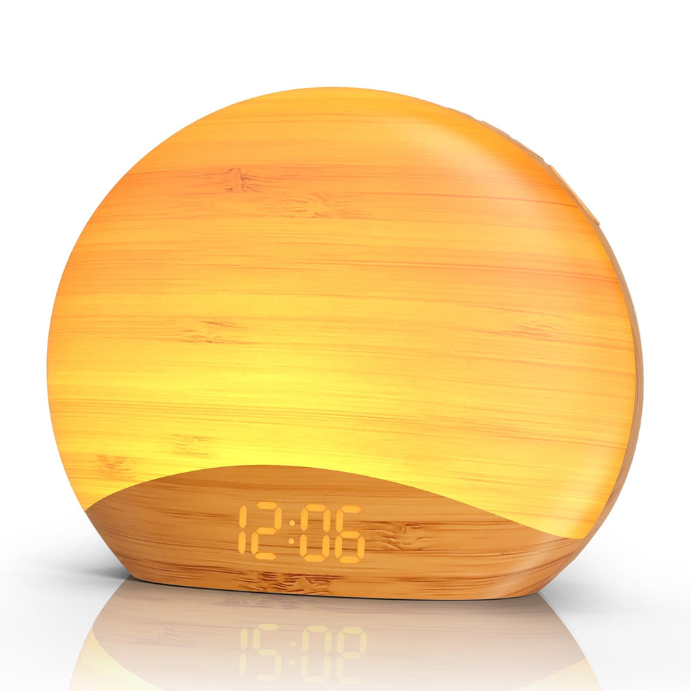 REACHER natural wood grain sunrise alarm clock front view with gradual wake-up glow for mornings