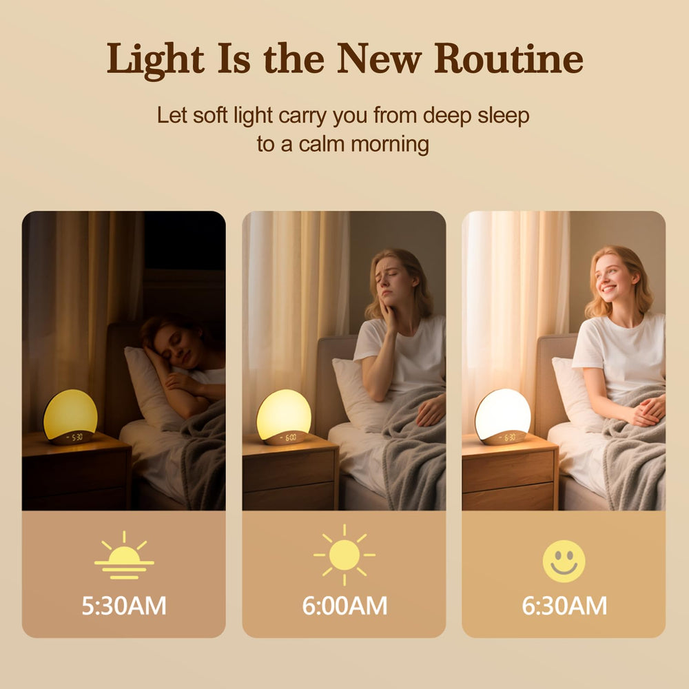 REACHER wood grain sunrise clock highlights natural decor and calm bedroom ambiance.
