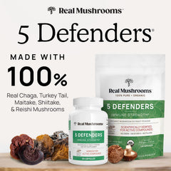 Real Mushrooms 5 Defenders capsules close-up highlighting vegan, gluten-free capsules for everyday vitality.