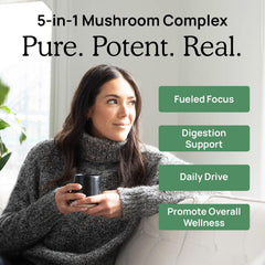 Real Mushrooms 5 Defenders label showcasing NSF purity standards.