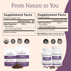 Chaga capsule bottle with label detailing vegan and non-GMO