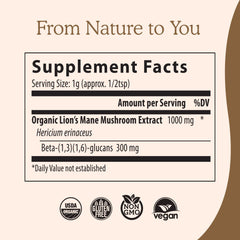 USDA Organic and Vegan icons on Lions Mane packaging