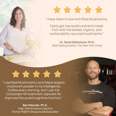 Non-GMO, Gluten-Free and Vegan certifications on Lions Mane packaging