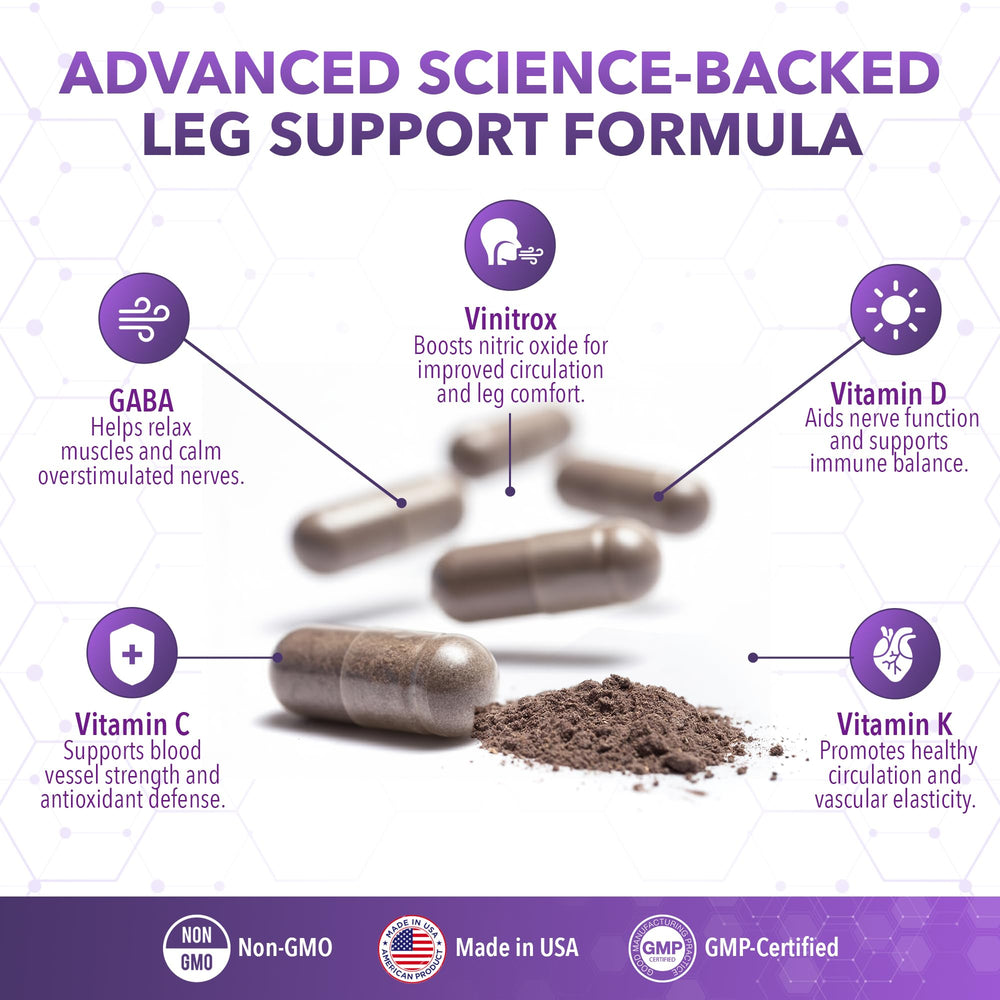 Front view of 60 capsule LegEase Miracle bottle with USA Made label