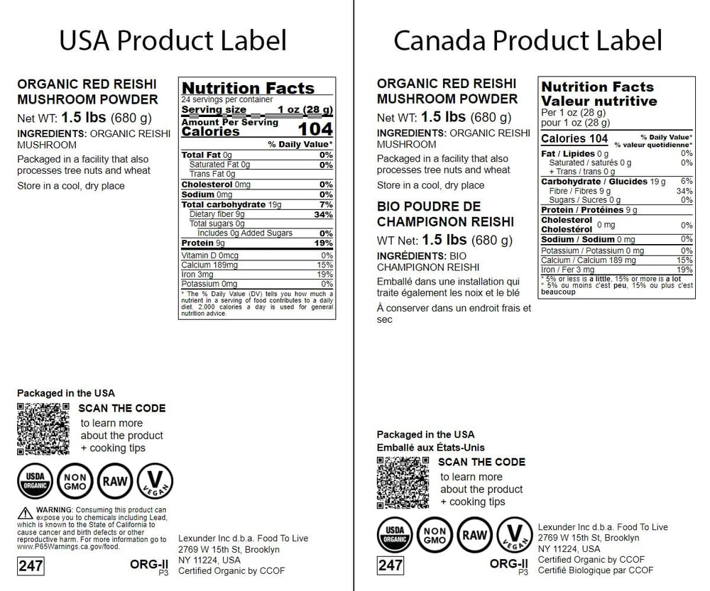 Organic non-GMO label for Red Reishi powder