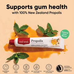 Close-up of toothpaste with visible herbal particles