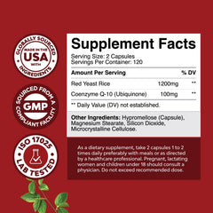 Close-up label highlighting 1200 mg red yeast rice and 100 mg CoQ10