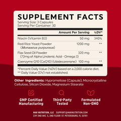 Close-up of Red Yeast Rice with CoQ10 and Omega-3 supplement bottle
