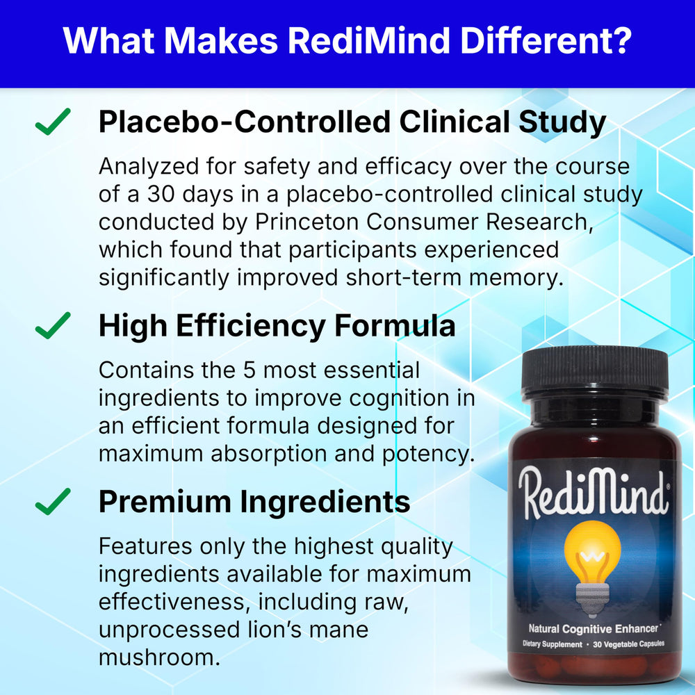 RediMind bottle dispensing scene illustrating easy daily capsule use.