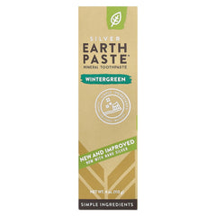 Close-up of Earthpaste ingredients including Bentonite clay, xylitol, sea salt, and activated charcoal