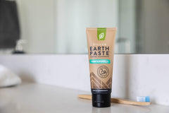 Close-up of Earthpaste ingredients label with Bentonite clay and sea salt
