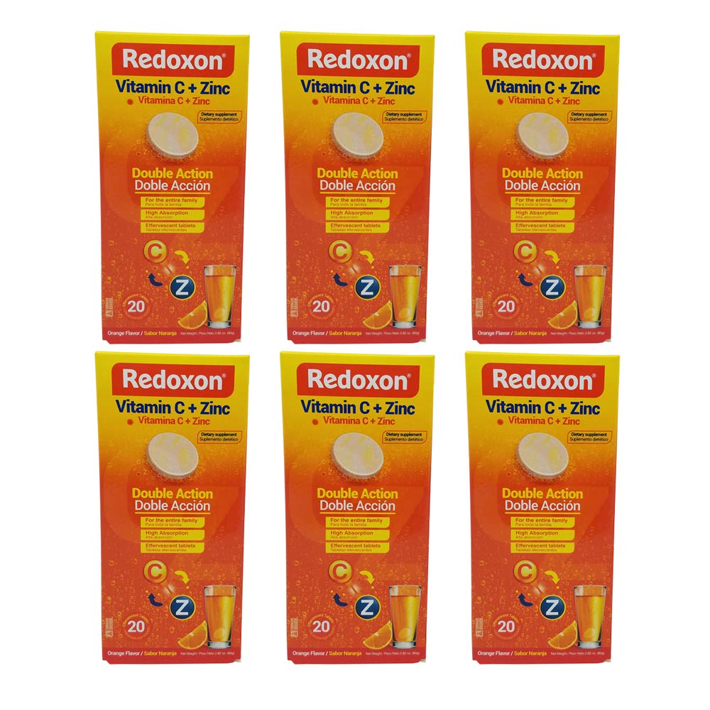 Front view of Redoxon Orange Vitamin C with Zinc 20-count tablets in a six-pack