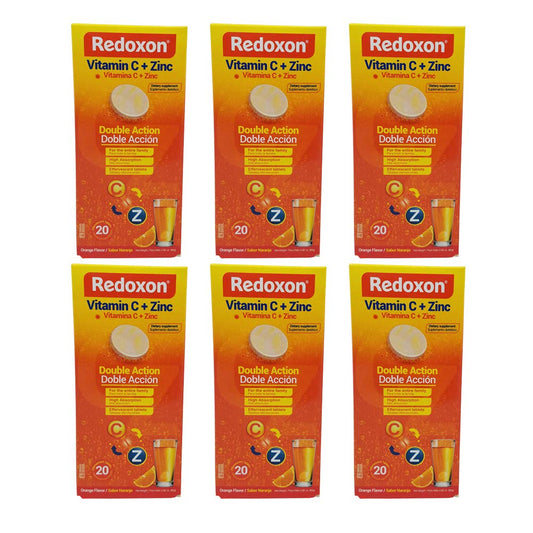 Front view of Redoxon Orange Vitamin C with Zinc 20-count tablets in a six-pack