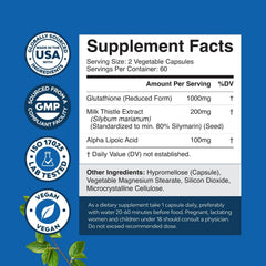 Close-up of Glutathione 1000mg capsules with Milk Thistle label