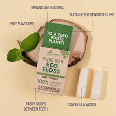 Two refillable flossers beside a glass jar