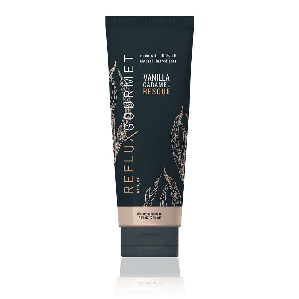 REFLUX GOURMET Vanilla Caramel Rescue bottle shown for post‑meal relief possibilities.
