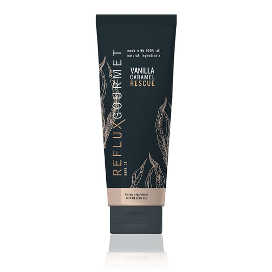 REFLUX GOURMET Vanilla Caramel Rescue bottle shown for post‑meal relief possibilities.