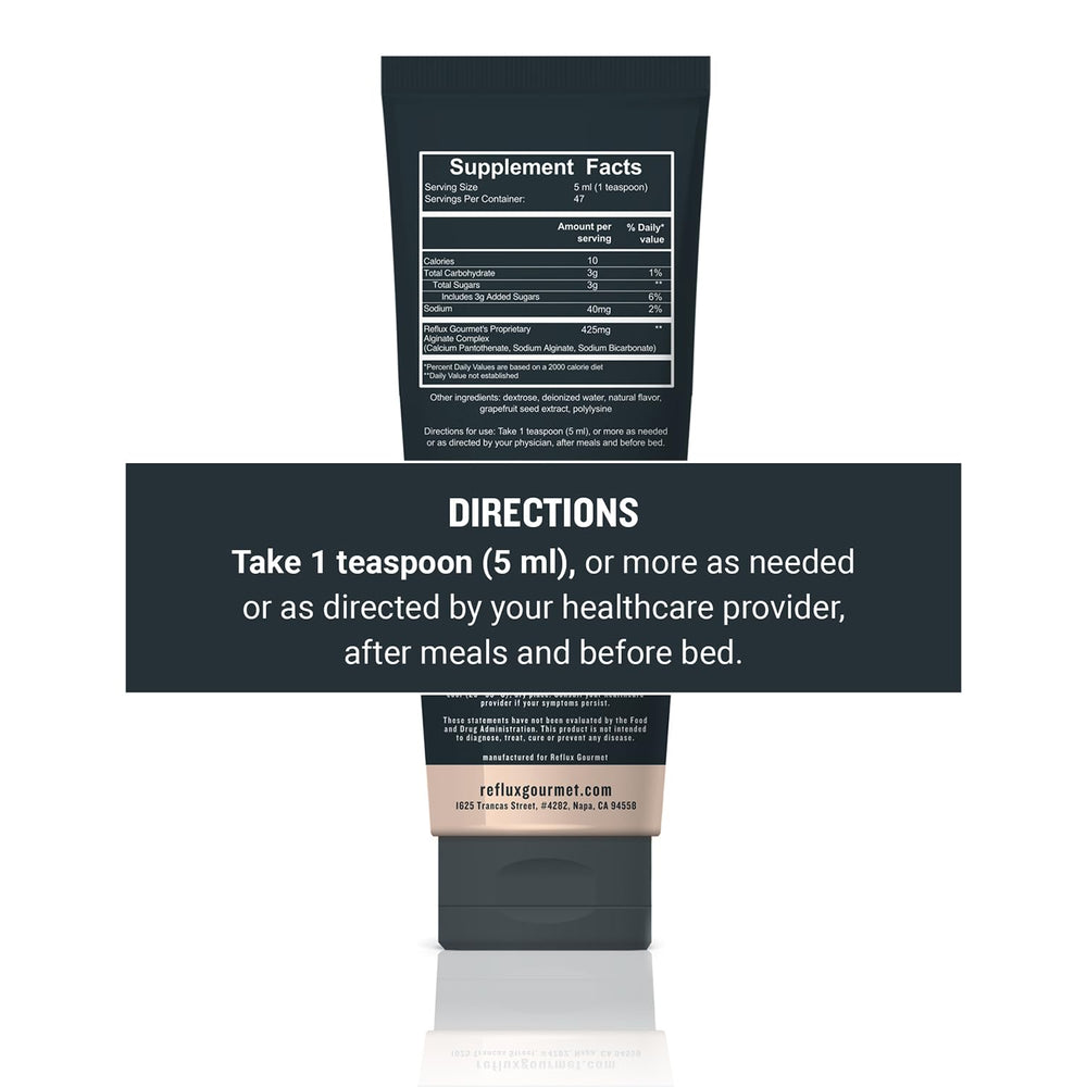 REFLUX GOURMET Vanilla Caramel Rescue teaspoon dosing demonstrates easy after‑meal use.