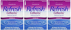 Refresh Celluvisc eye gel packaging image highlighting compact three-pack for travel and daily use