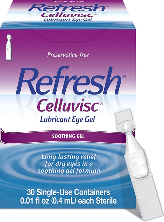 Refresh Celluvisc packaging display highlights preservative-free moisture for sensitive eyes.